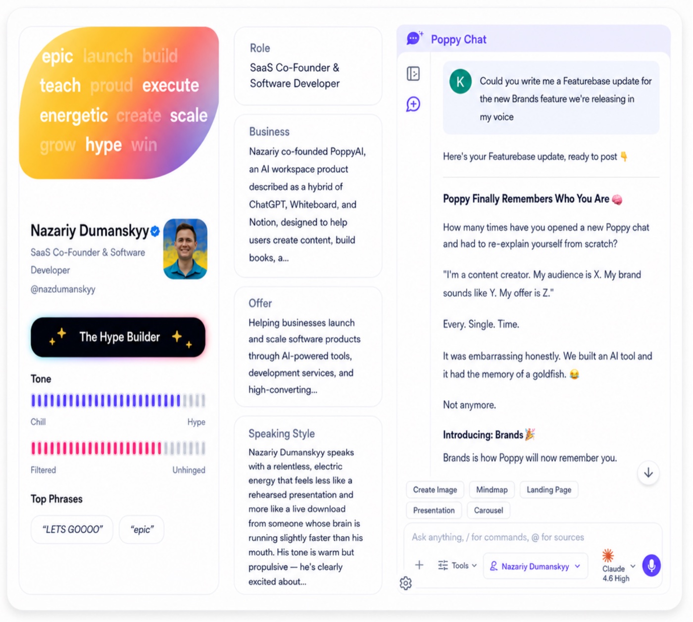 A voice profile saved inside Poppy: tone, speaking style, top phrases